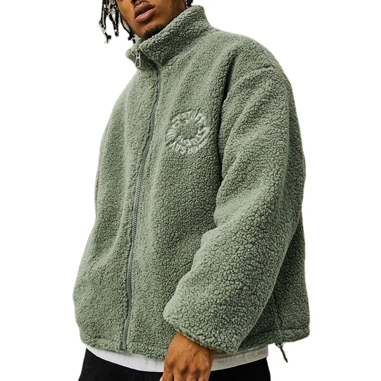 Custom Stand Collar Men's Embroidery Zip Up Sherpa Fleece Jacket_voghion.com