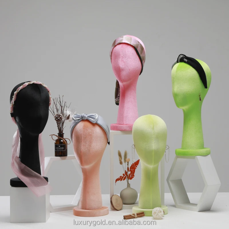 Luxury Hat Stand Headband Female Head Wig Manikin Head Round Base Rose Red Long Neck Velvet Mannequin Head for Wig