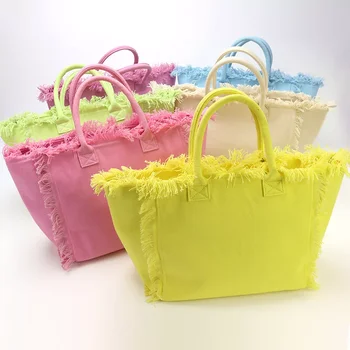 New Style Yellow Green Purple Tassel Fringe Large Capacity Summer Beach Recyclable Eco Canvas Tote Beach Shopping Bags
