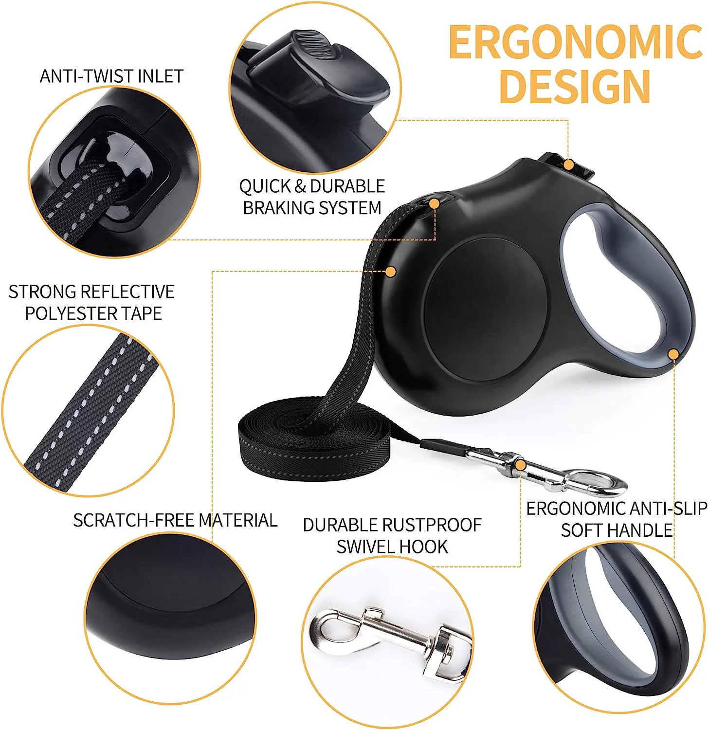 360 Degree Free Quick Lock and Unlock Super Comfortable Ergonomic Grip Dog Walking Leash Dog Leash Retractable