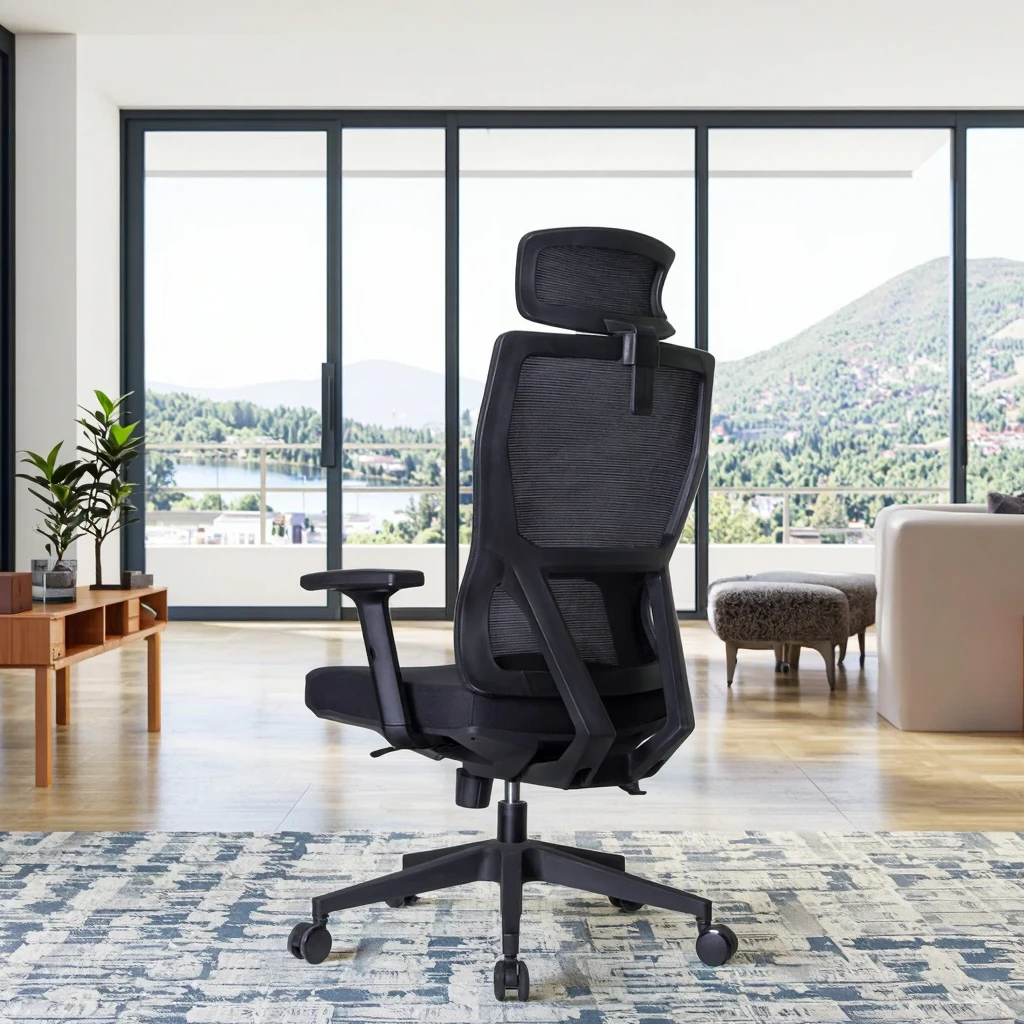 Modern Comfortable Ergonomic Mesh Executive Office Conference Chair Fixed Headrest Height Adjustable Thick Padded Seat 360 2