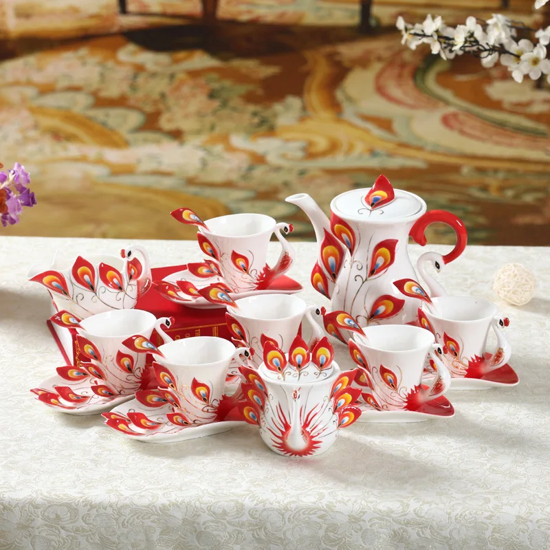Eco Friendly Peacock Shape Teacup and Saucer Enamel  Porcelain Tea Set Ceramic Turkish Tea Sets With Teapot Porcelain
