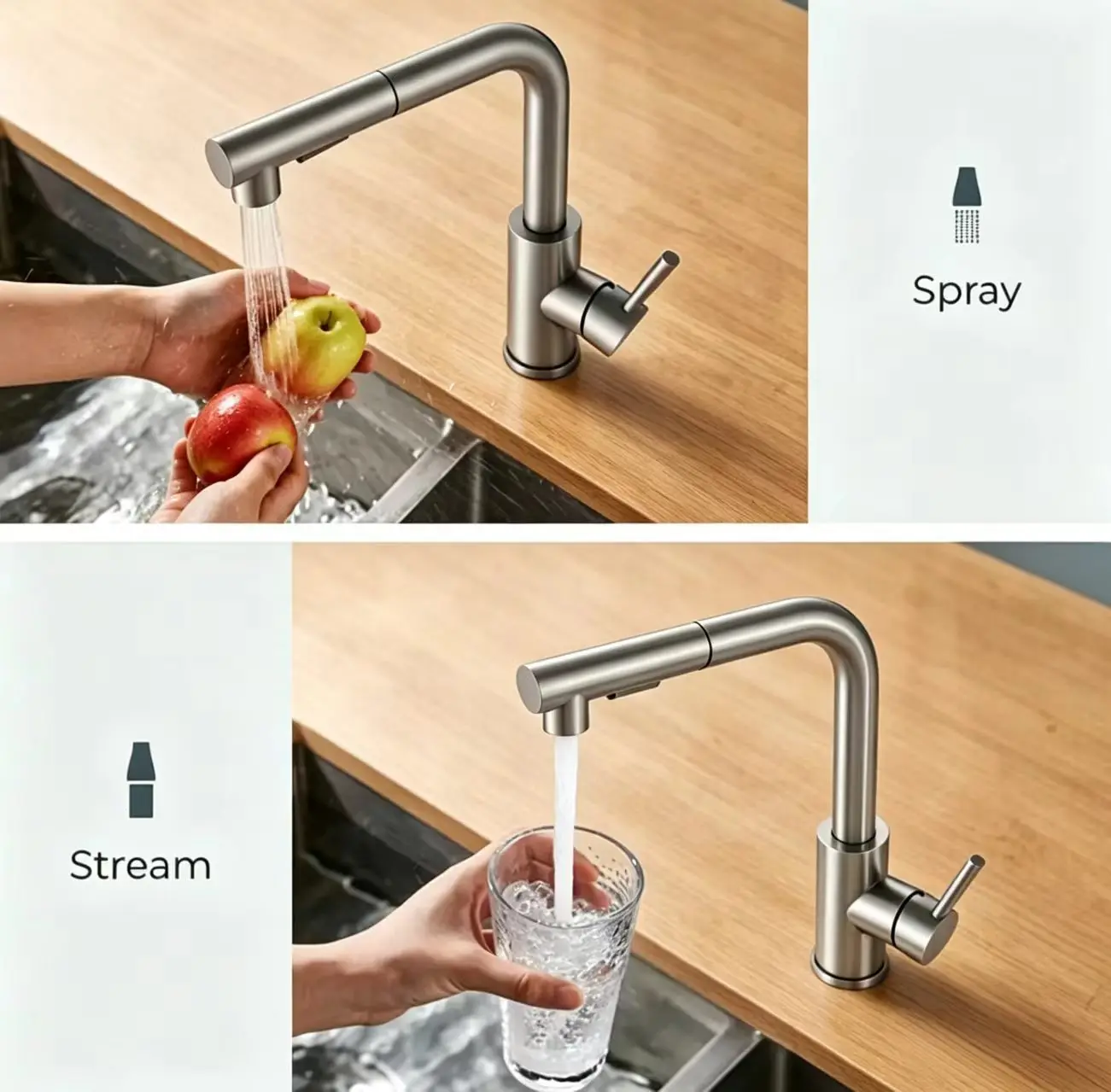 Dual spout stainless steel tap operation Water purifier kitchen sink faucet in use
