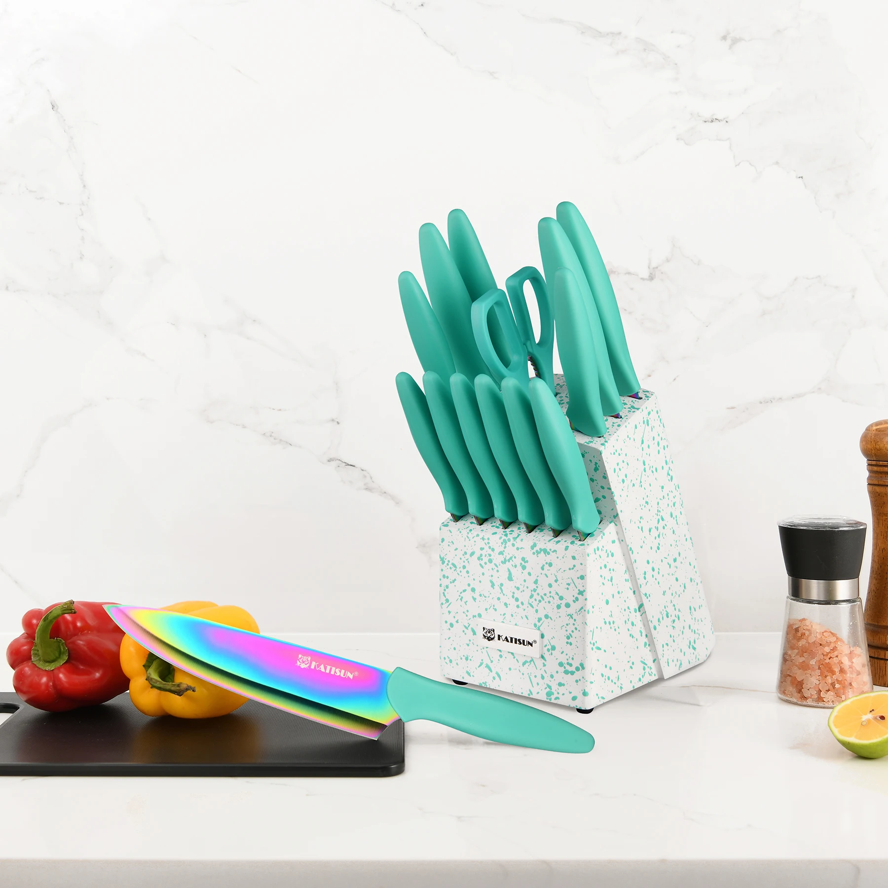 Juego de 14 cuchillos de cocina de acero inoxidable arcoíris con tijeras de cocina._voghion.com