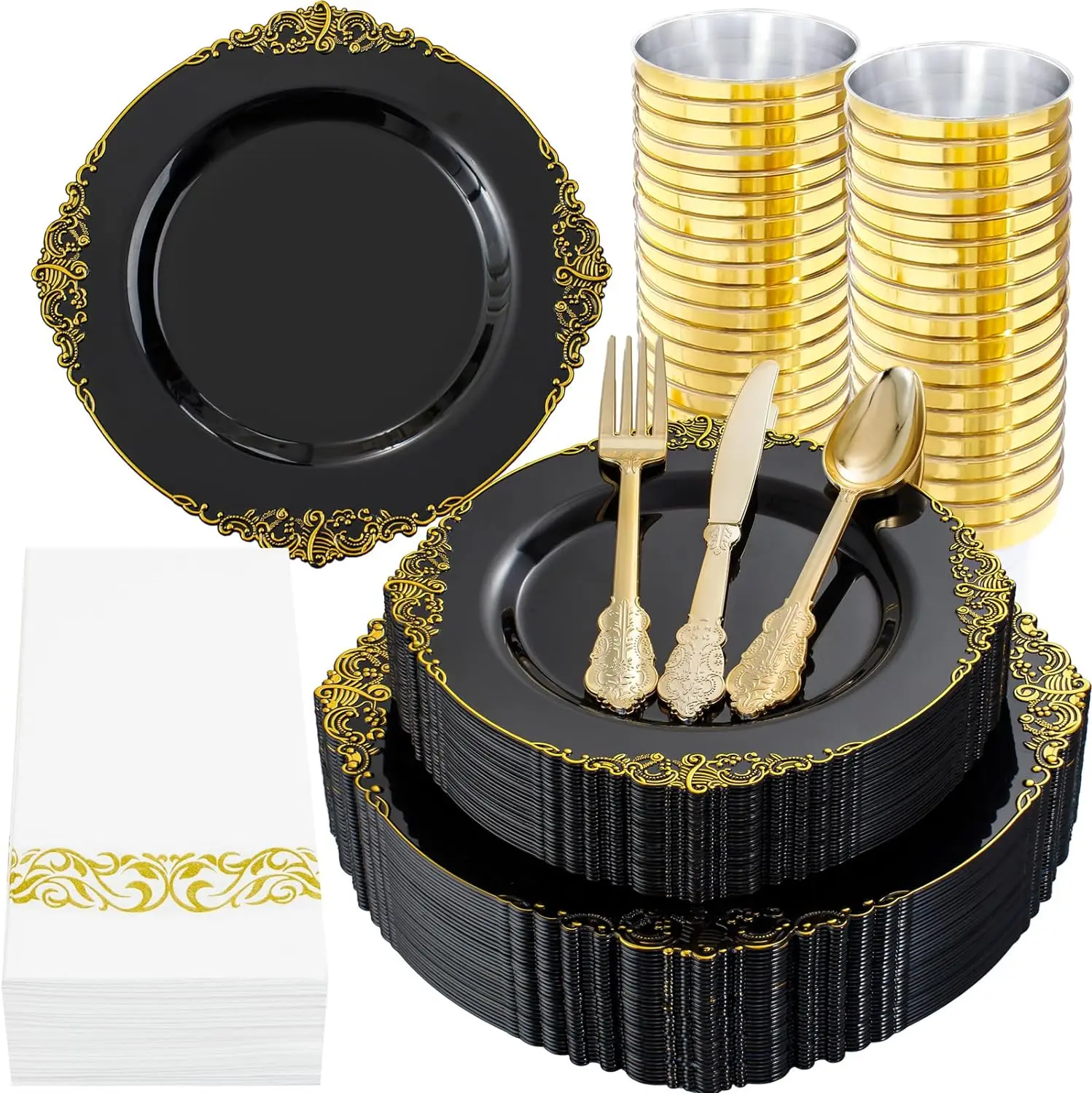 Nervure 175pcs Black And Gold Plastic Plates Set Include Dinner ...