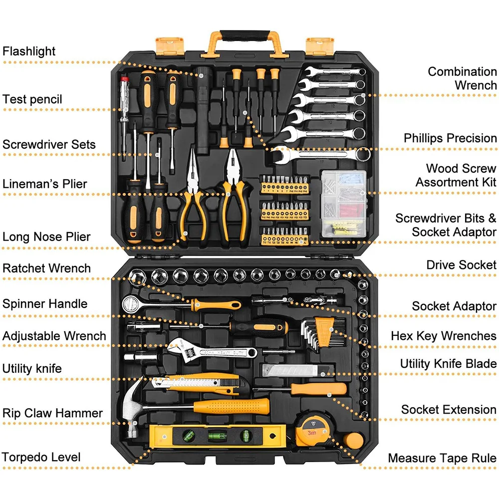 208 Piece General Household Hand Tool Kit Auto Repair Tool Box Repair