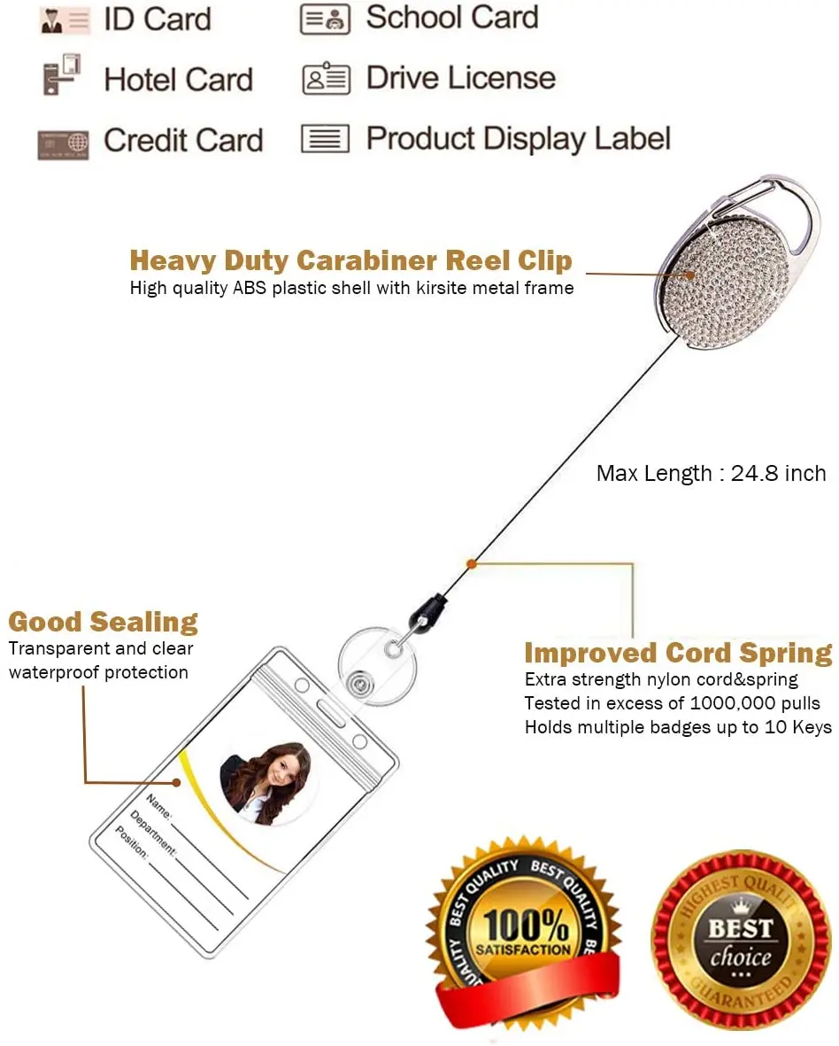 With Belt Clip-On Holder,Retractable Key Ring and Clear Name Badge Holder with Clear PVC Card Holder(Rhinestone)