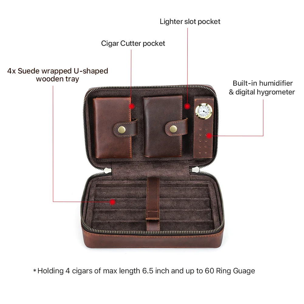 Custom Embossed Logo Travel Cigar Humidor Case Genuine Leather Cigar Storage Box for 4 Cigars with Digital Hygrometer CF5022