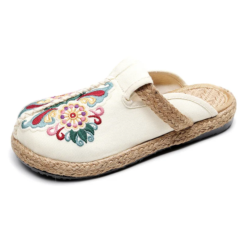 women  3 color flower embroidered breathable linen shoes ethnic flavor graceful  fisherman shoes