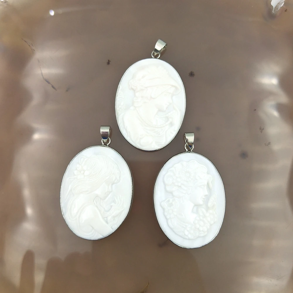 Bulk Wholesale New Romantic Lady Design Loose Hand Carved White Shell Cameo Pendant Silver Bezel Natural Gemstone Christmas Gift