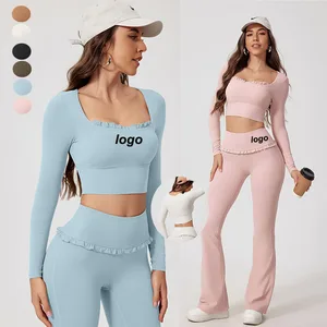 Hot Sale Gym Set Long Sleeve Lace Square Collar Top High Waist Butt Lift Flare Pants Sportswear Skin Friendly Yoga Outfits