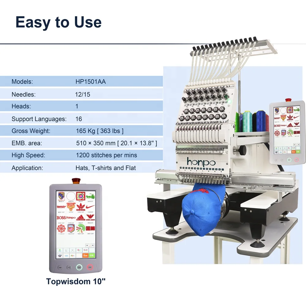 Multifunction Computer Embroidery Machine Single Head with 10" Touch Screen LCD Monitor