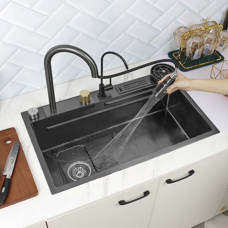 Modern Stainless Steel Waterfall Kitchen Sink Black Large Single With   H566bf8a0d906415f972773f233e73587V 