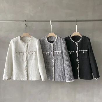 Luxury Korean Coat Women O-Neck Single Breasted Tweed Winter And Autumn Women'S Jacket And Coats