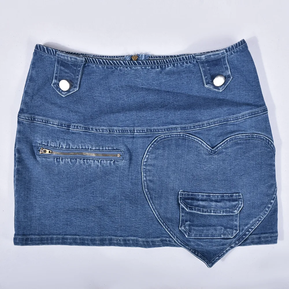 Sxl 2023 Summer Fashion Casual Mini Jean Skirt Love Zipper Washed