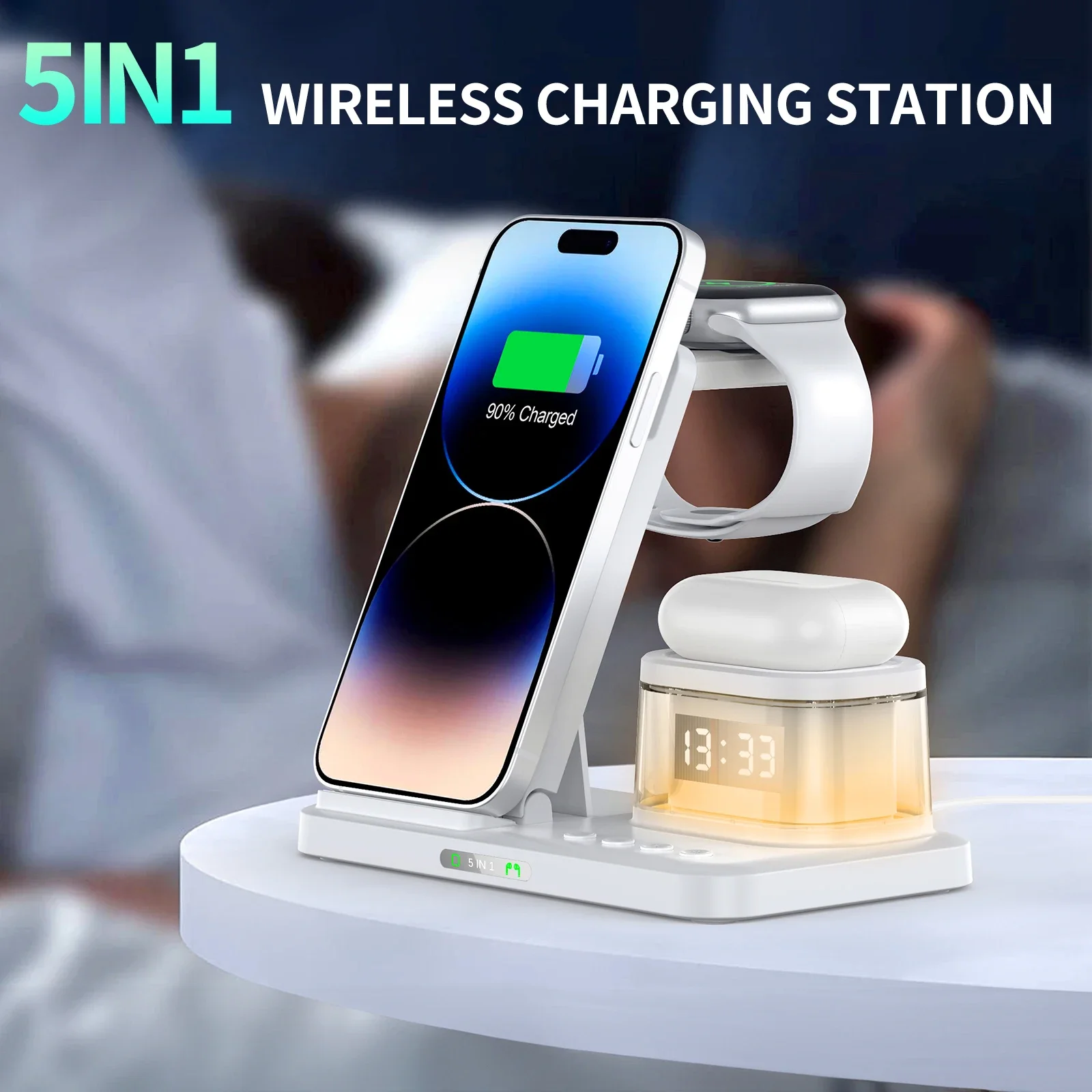 15W Fast-Charging 3-in-1 Foldable Wireless Charger with Clock 3-in-1 Multifunctional Magnetic PD Function