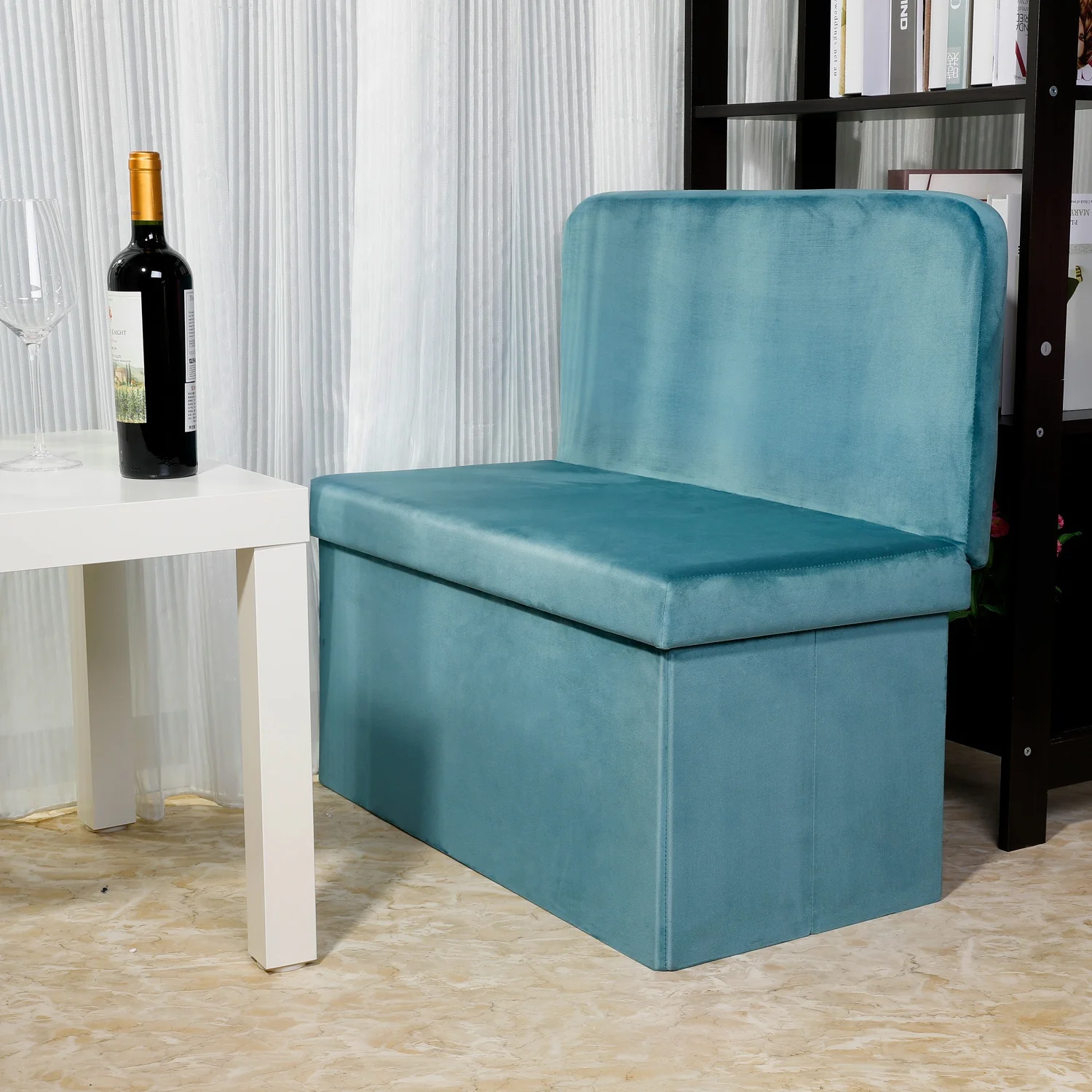 Blue Short Floss Folding Storage Bench Chair with Backrest