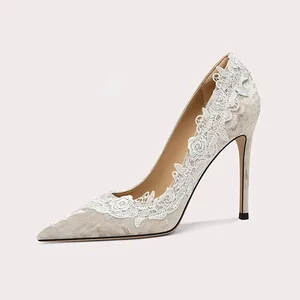 Women's White Fashion Flower Stiletto Pumps Black High Heels Dress Shoes  Shoe Pointed Toe Wedding Lace Embroidery