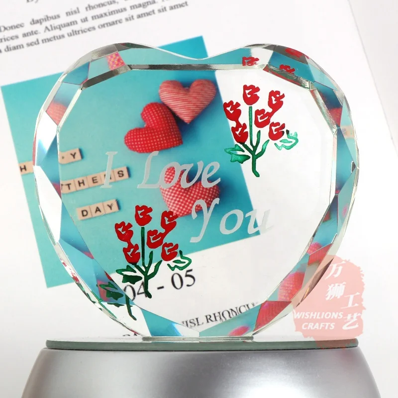 Custom Engraving Glass Heart Gifts with LED Base K9 Crystal Crafts
