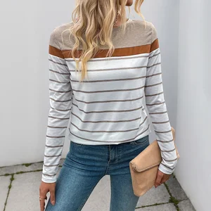 2025 Autumn Retro casual round-neck striped top, new women's color-blocked long-sleeved T-shirt