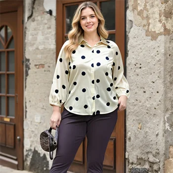 Boutique Wholesale Custom Summer Fashion Plus Size Women's Casual Loose Long Sleeved Polka Dot Shirt and Breathable Pants Set