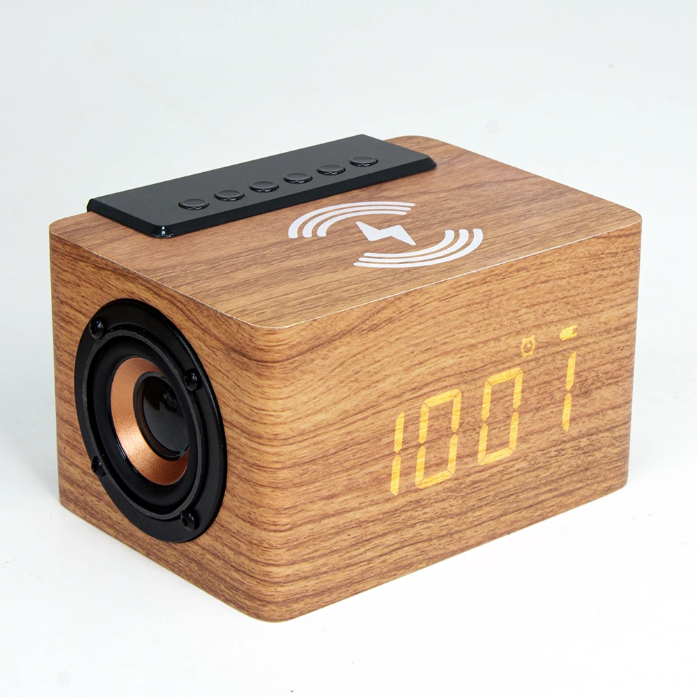 KENUO Multi-function Desk Wooden Pattern  Digital Alarm Clock 10W Wireless Charger Speaker
