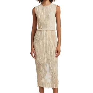 Wisrise Fashion Customize Design Elegant Fashionable Beige Pleated Sleeveless Midi Dress