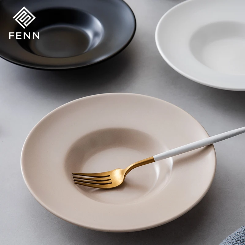 FENN Modern Style Custom Logo Color Porcelain Hat Plate Matte Ceramic Round Deep Soup Noodle Pasta Plates For Restaurant