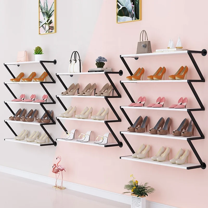 Modern Boutique Clothing Store Wall-Mounted Shoe Rack with Stainless Steel & Wood Shelves- Display Stand