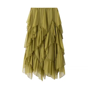 Foreign Trade Cross-border Summer European American-style Sweet Ruffles Comfortable Woven Polyester Irregular Laminated High
