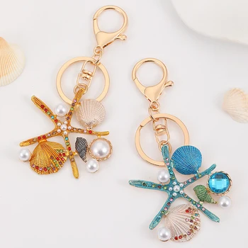 Wholesale Key rings Gifts Alloy Cartoon Cute Rhinestone Starfish Sea Shell Pearl Metal Keychain