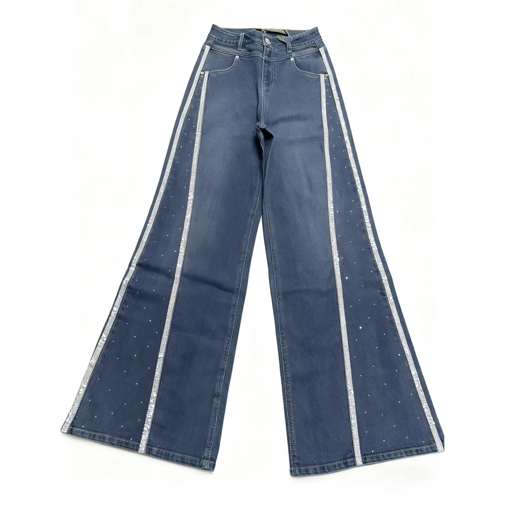 Fashionable Rhinestone Striped Blue Wide Leg Jeans for Women High Waist Trendy Denim Pants for Ladies