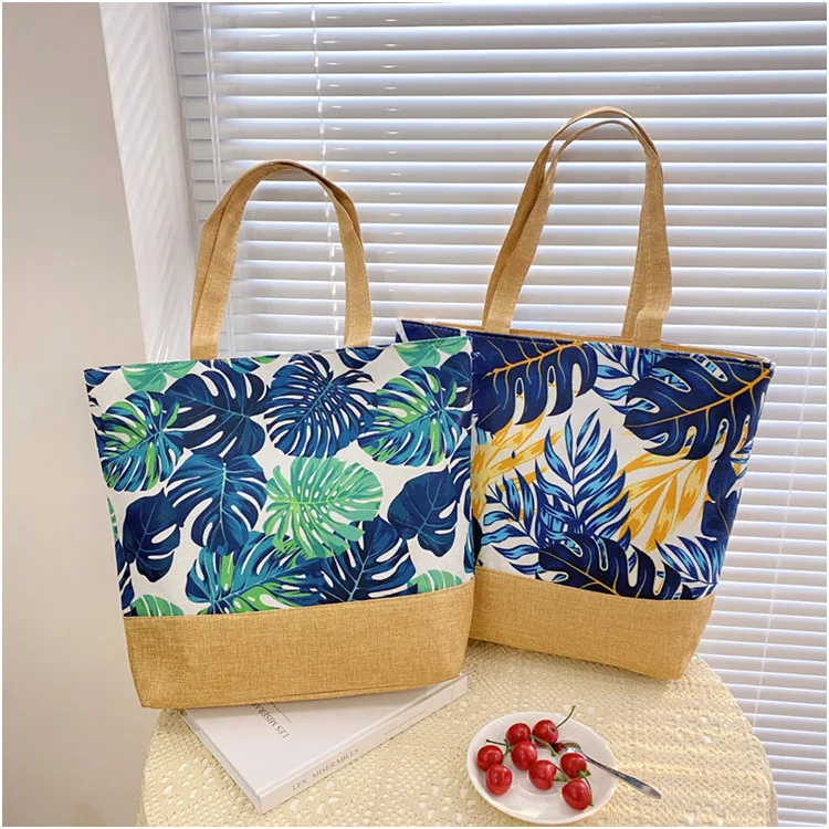 Linen Bottom Fruit Print Rope Handle Summer Tote Canvas Beach Hand Bag