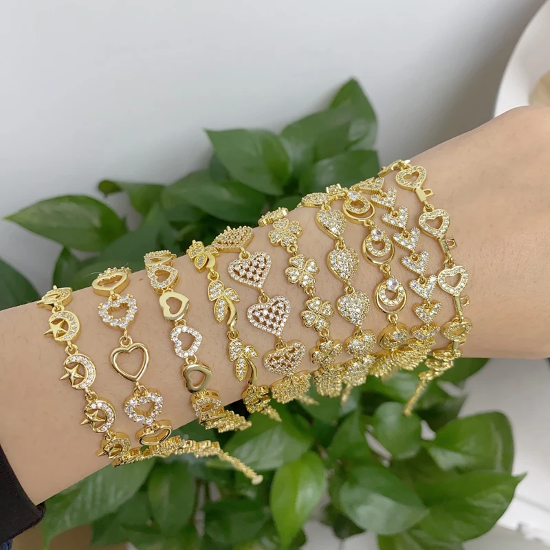 Shiny Fashion Zircon Bangles Multiple Styles Heart Star Moon Leaf Gold