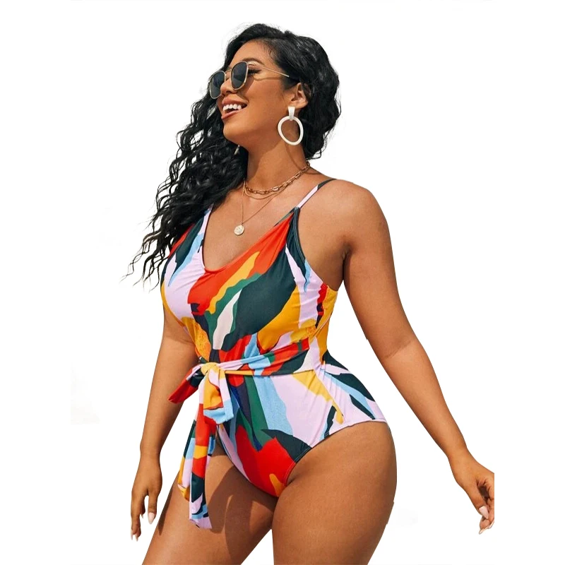 2022 New Design DAMO Plus Size Ladies One Piece Swimsuit Colorful Bow Tie Eco Friendly Recycled Nylon Swimwear&Beachwear