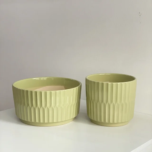 Textured Ribbed Ceramic Flower Pot Wide Top Premium Indoor/Outdoor Planter