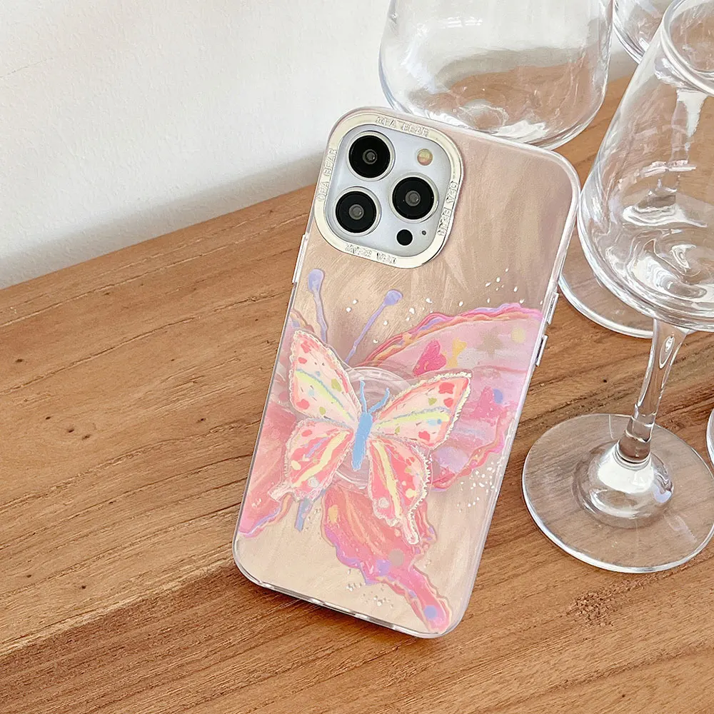 Laudtec LX58 originality phone case with Oil Painting Pink Butterfly For iPhone16 15 14 13 12promax