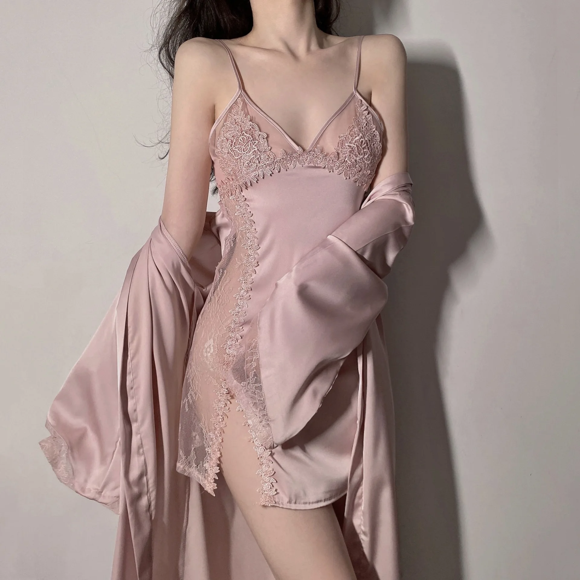 Stylish Sleepwear Long Night Dress Satin Gown Robe with Belt Silk Pajamas -  China Nightwear and Kimonos price | Made-in-China.com
