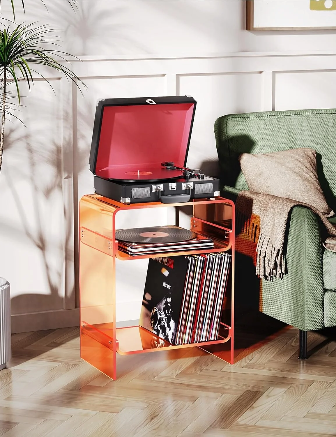 Orange Acrylic End Table With Storage Shelf 17.7x22.8x11.8 Nightstand for Record Players Clear Side Display Rack