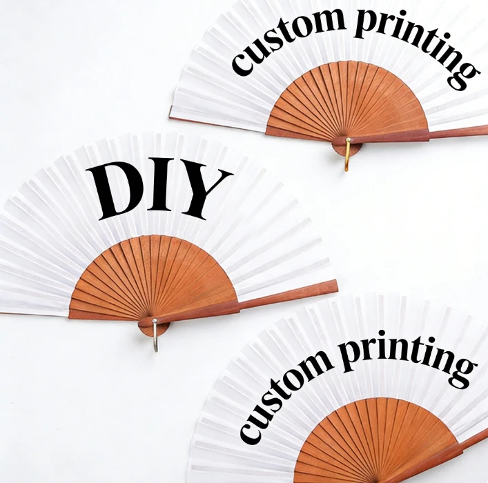 Custom Printed Logo Eco-Friendly Folding Wooden Hand Fan for Weddings Fabric Fans DIY Hand Held Fan