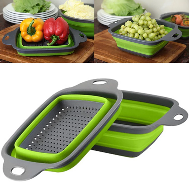 Basket 2pc Large Plastic Silicone Collapsable Rectangular and Strainer Colander
