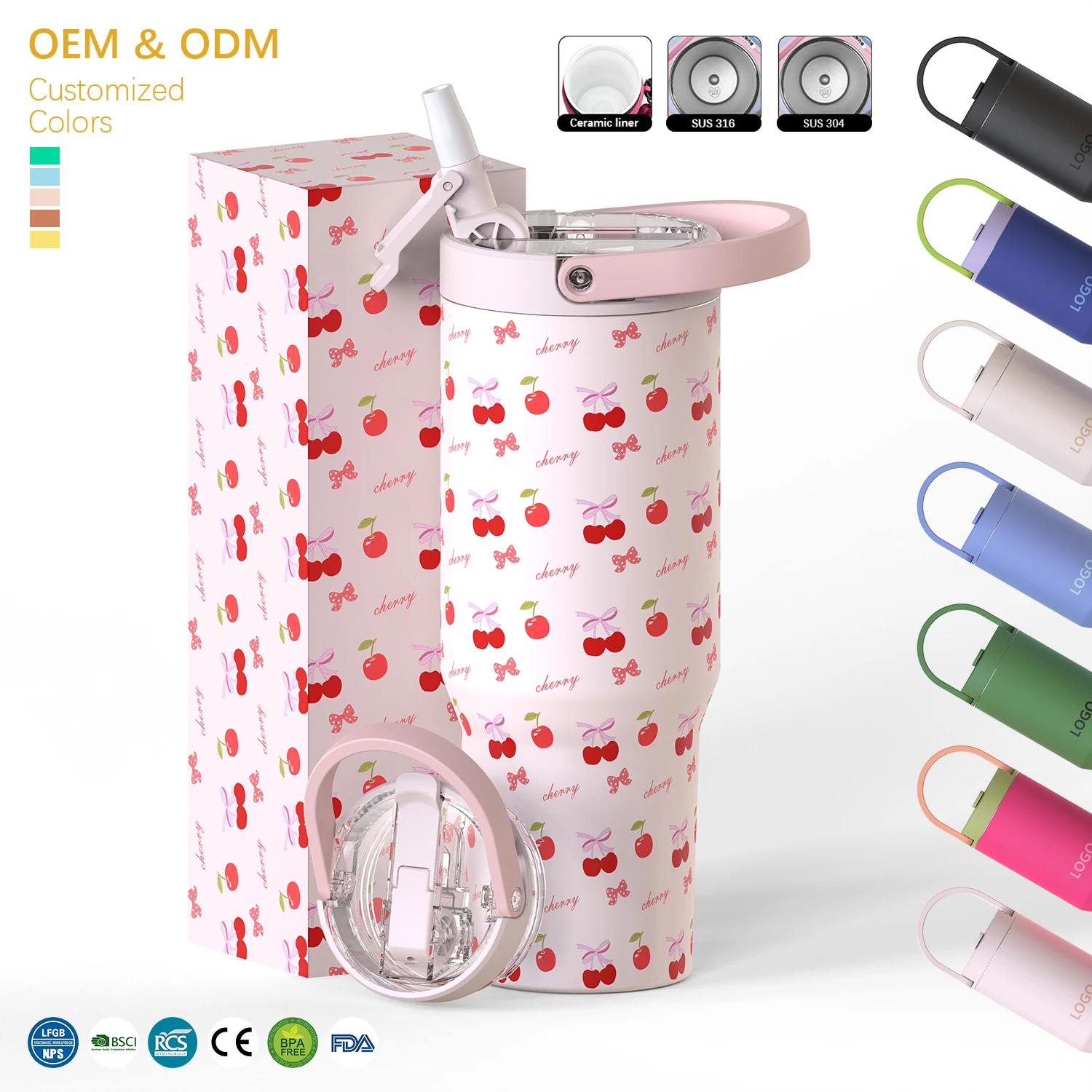 Custom 20oz 32oz 40oz Tumbler with Handle Insulated Cup with Flip Straw Lid Stainless Steel Travel Mug With Handle Hot and Cold