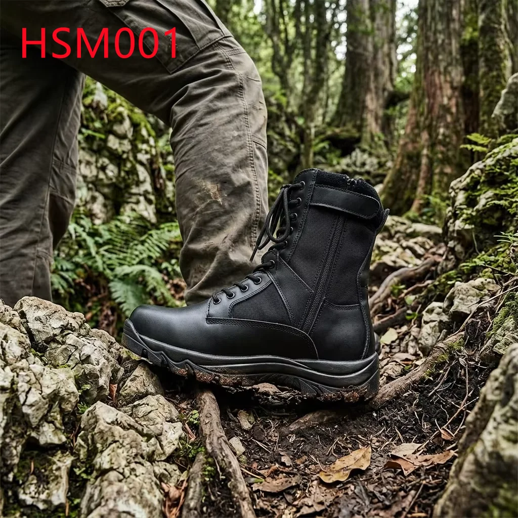 HY,Field Training Shock-absorbing Sole Hua Singh Combat Boots Natural Cow Leather Men Tactical Boots with Zip&magic Tape HSM001