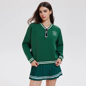 Custom Casual Drop Shoulder Wholesale Cotton Oversized Streetwear Embroidered Women Vneck Tennis Sweatshirt