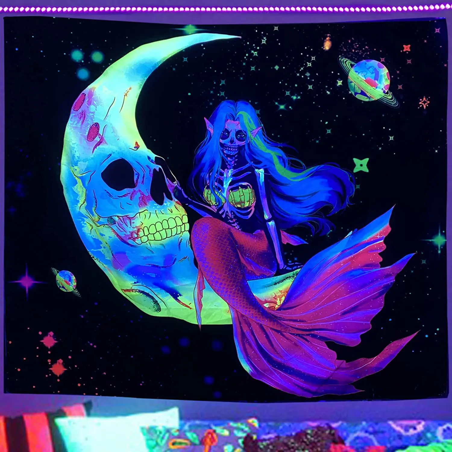 Tapiz UV De Luz Negra: Bandera Psicodélica Fluoro Psy Con Búho – Colgante De Pared Fantasía (Arte Artrama)