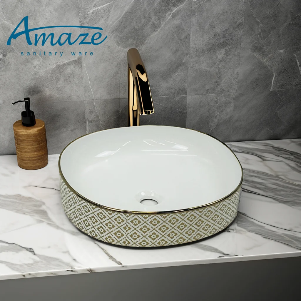 China high quality sanitary ware gold plating pattern ceramic counter top wash basin easy to clean bathroom face basin art basin