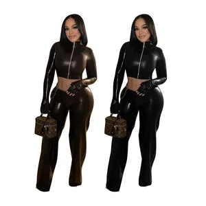 2026 New Spring Women Slim Fit Zipper Elastic Leather Jacket and Pants Set Casual Micro Flared Pants Two-piece Set