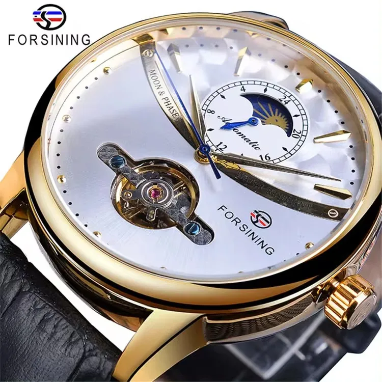 Forsining GMT1150 Moon Phase Automatic Watch Royal Men Waterproof Mechanical Wristwatch Casual Genuine Leather Tourbillon Clock