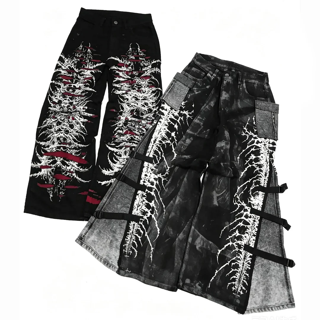 OEM Gothic Wide Leg Denim Pants Erkekтер үчүн Оор Памуктун Асилдүү Жуулган, Жарылган, Түрлүү Түштөрдөгү Жолдордогу Джинс