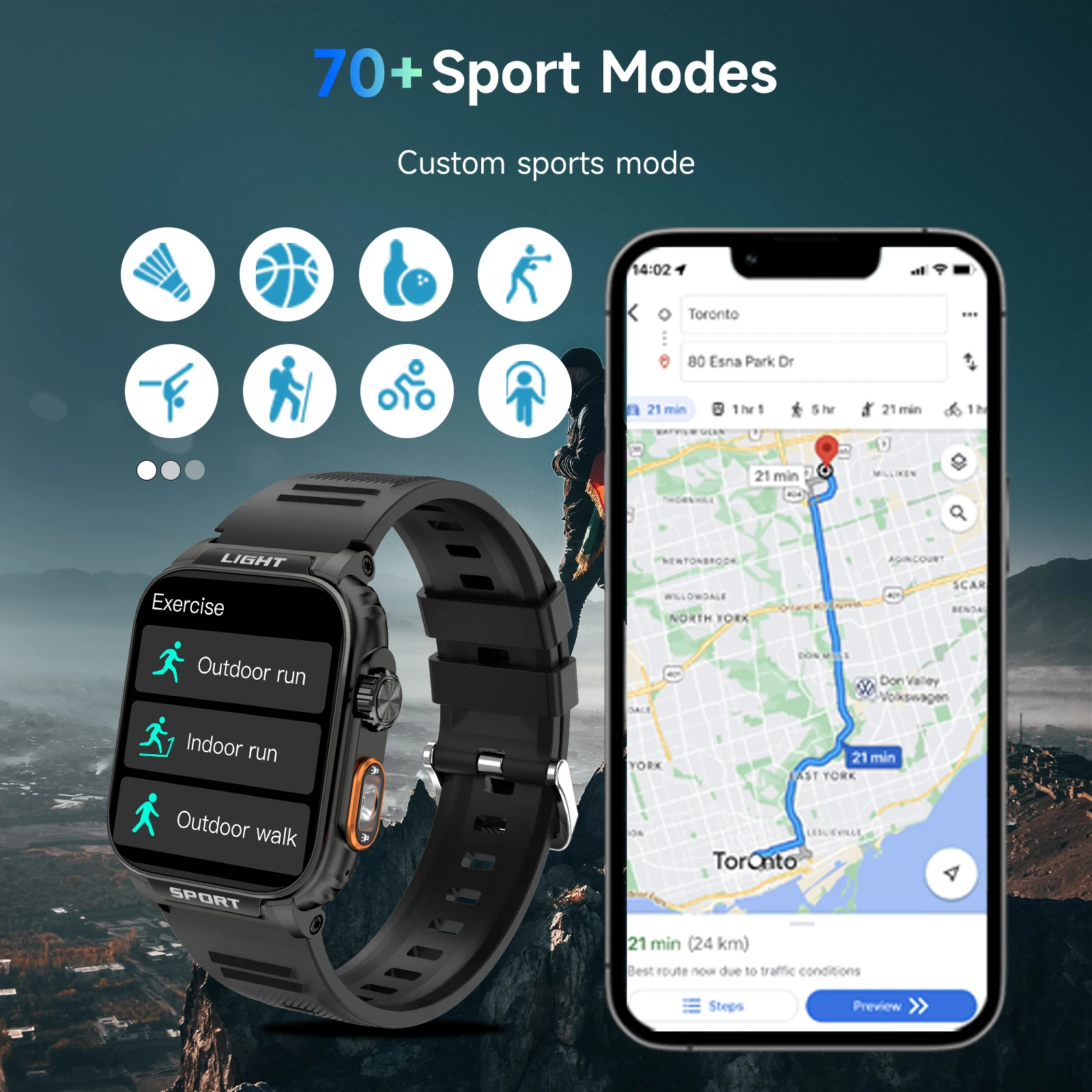 1.91 Inch Fashion Smart Watch Torch Android IOS 430mAh Battery Life Call Voice Assistant IP67 GP5 Square Screen for Silicone
